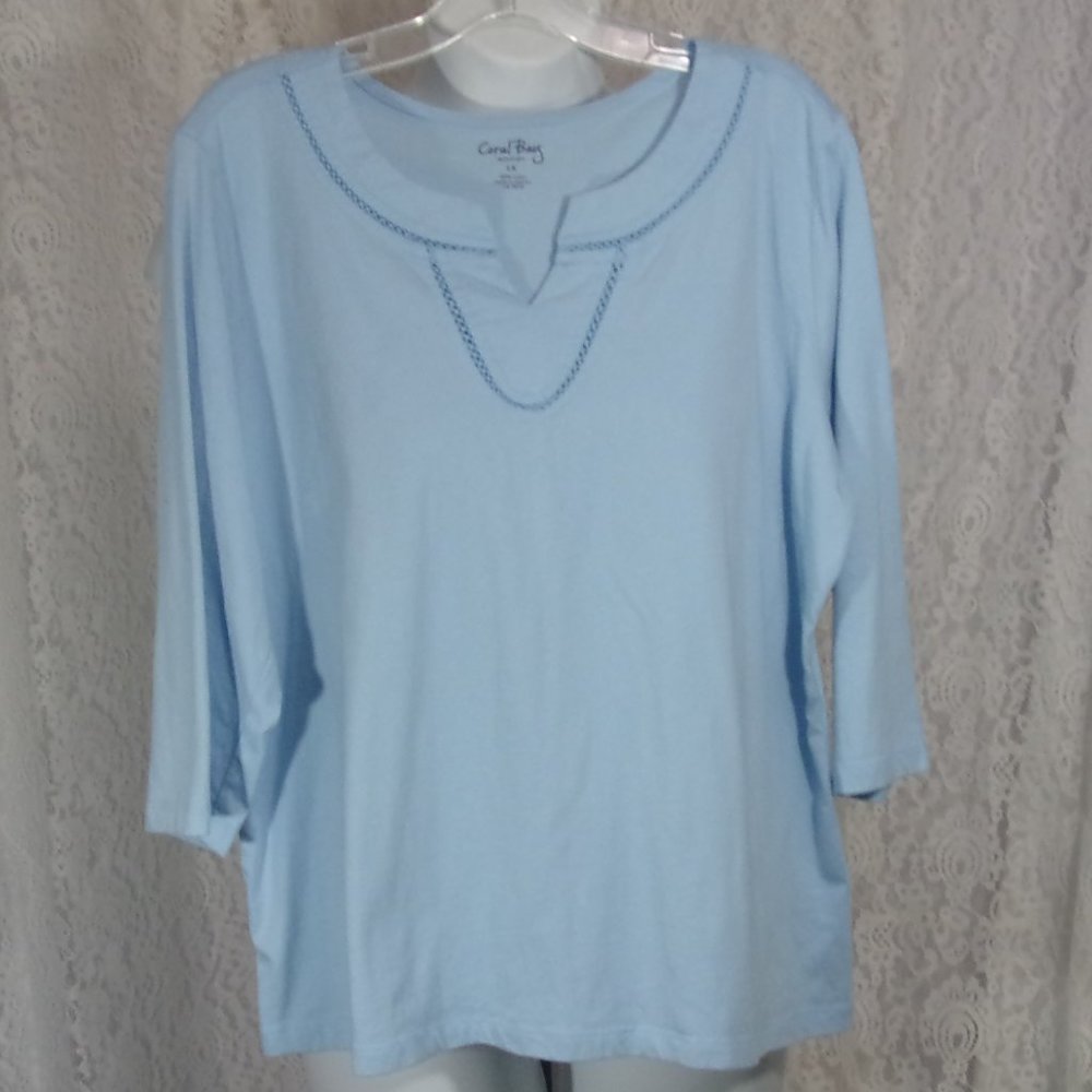 Coral Bay Sky Blue Knit Cotton Top Blouse Embroidery Accents Plus Size 1X